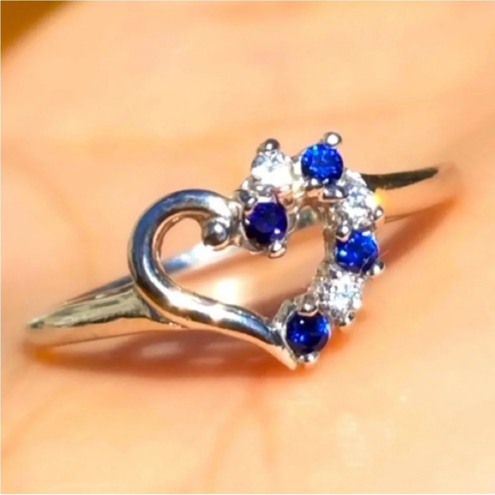 10k Solid White Gold Genuine Blue Sapphire & Simulated Diamond Heart Ring